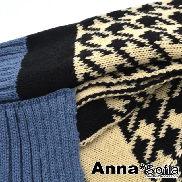 【AnnaSofia】毛線織大披肩圍巾-千鳥紋拼色直條織 現貨(藍黑系)