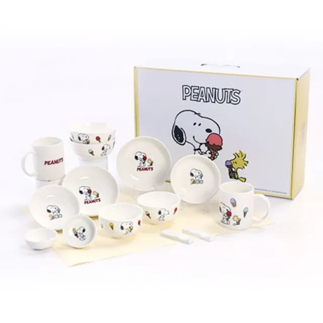 【CorelleBrands 康寧餐具】SNOOPY史努比14件式陶瓷碗盤餐具禮盒(LOVELY/HOME/ICECREAM/SNOW 4款任選)