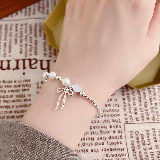 【UME.Acce】雙11 珍珠蝴蝶結愛心手鍊(珍珠手鍊 蝴蝶結手鍊 愛心手鍊 碎銀手鍊 浪漫飾品)