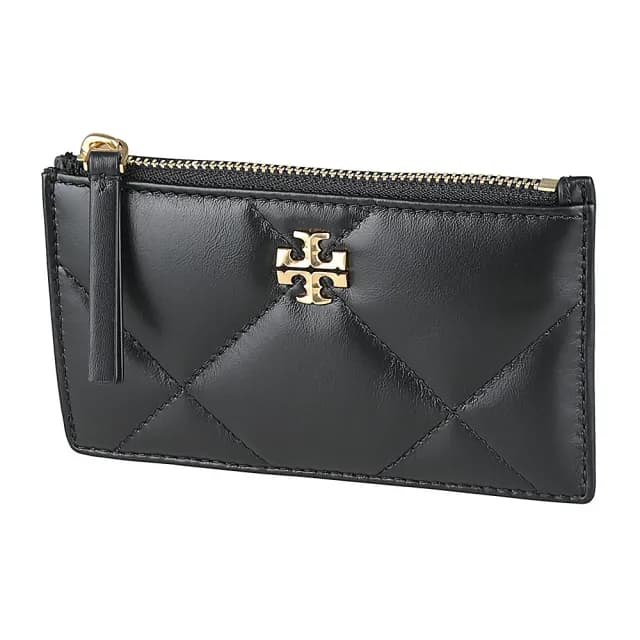 【TORY BURCH】TORY BURCH Kira立體古金字LOGO小牛皮菱格紋4卡拉鍊卡夾零錢包(黑)