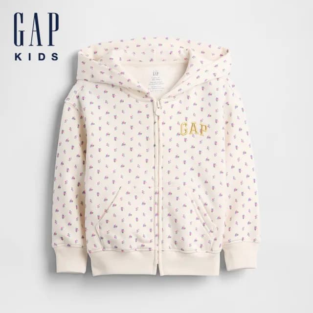 【GAP】女幼童裝 Logo刺繡刷毛連帽外套-象牙白(816547)