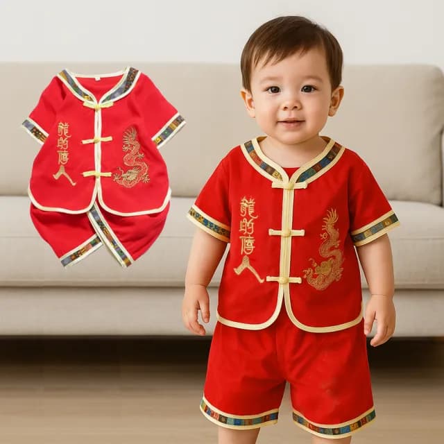 【橘魔法】龍的傳人刺繡圖騰滾邊盤扣套裝(短袖套裝 唐裝 抓週 週歲 造型服 中式 中國風 過年 兒童 童裝)