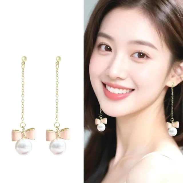 【夢幻渲染】粉紅蝴蝶結珍珠垂墜耳環1對(耳針 配飾 耳飾 輕奢 氣質 飾品)