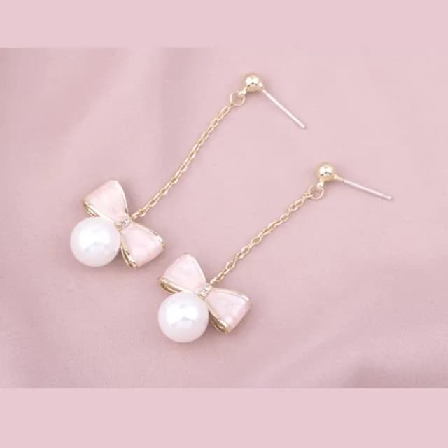 【夢幻渲染】粉紅蝴蝶結珍珠垂墜耳環1對(耳針 配飾 耳飾 輕奢 氣質 飾品)