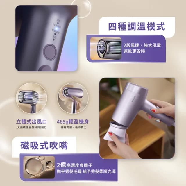 【Philips 飛利浦】官方直營 水光感護色溫控負離子吹風機 - BHD720/01(霧銀紫)