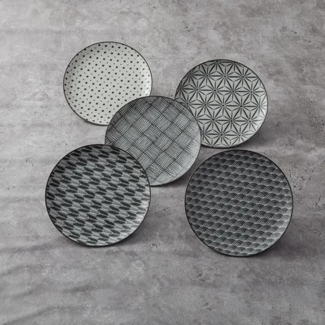 【LohasPottery 陸寶】日本製 美濃燒 Komon 經典和風立體浮雕餐具｜大小餐盤(五件組)