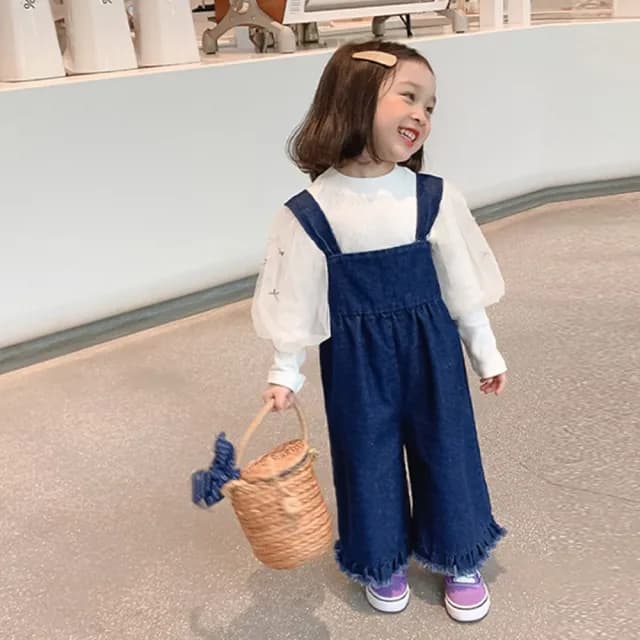 【橘魔法】俏皮抓皺鬚邊吊帶牛仔褲(褲子 吊帶褲 長褲 女童 童裝 兒童)