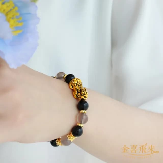 【金喜飛來】黃金手鍊招財黑金貔貅水晶串多選(0.57錢±0.03)