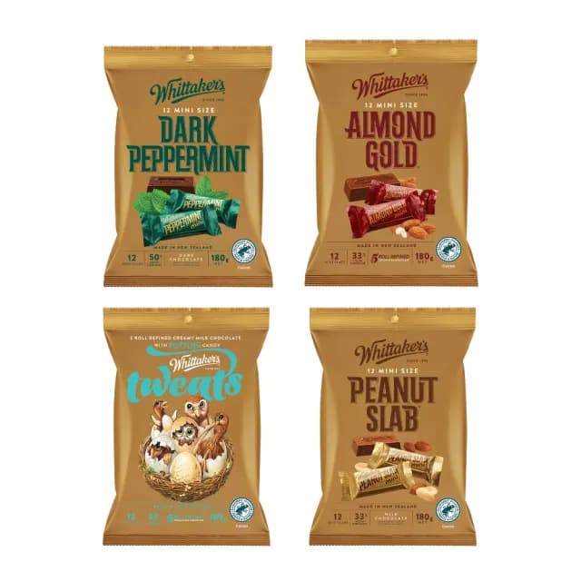 【紐西蘭Whittakers】巧克力磚形分享包180g(跳跳糖牛奶/花生夾餡牛奶/杏仁夾餡牛奶/薄荷黑巧)