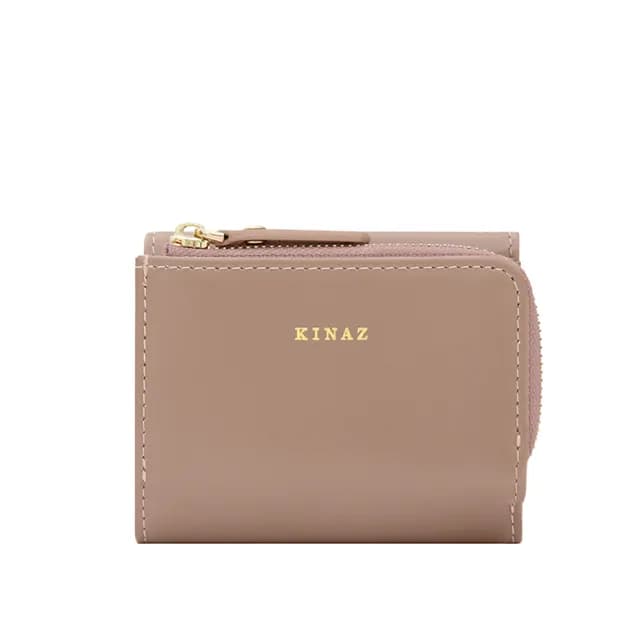 【KINAZ】牛皮L型拉鍊零錢袋D環三折短夾-暖豆沙-馬賽克系列