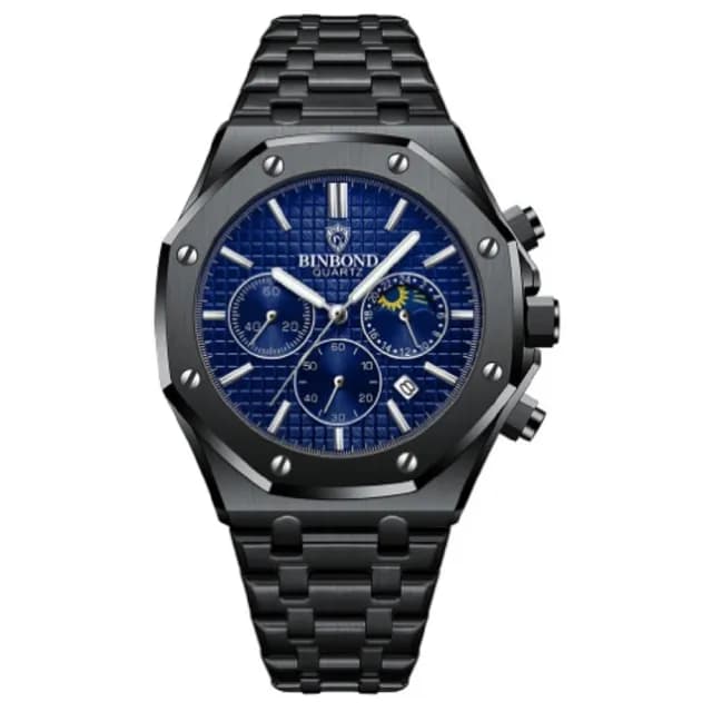 【美國熊】國民男錶 日本石英機芯 真三眼計時 日期顯示  不鏽鋼錶帶 手錶(BIN-05)