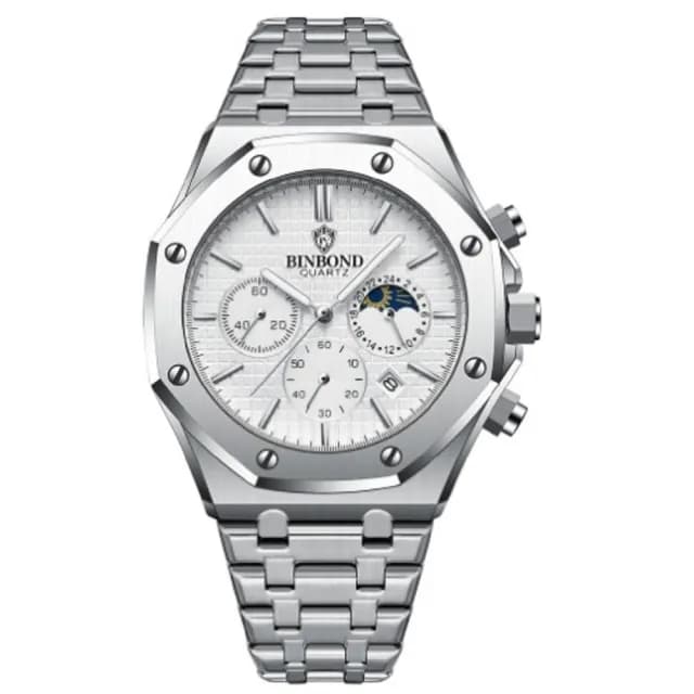 【美國熊】國民男錶 日本石英機芯 真三眼計時 日期顯示  不鏽鋼錶帶 手錶(BIN-05)