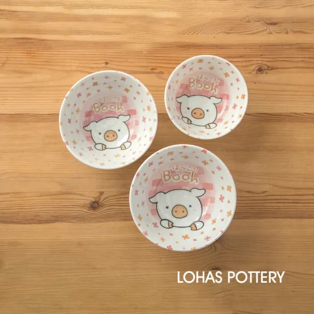 【LohasPottery 陸寶】日本製 美濃燒 動物卡通釉下彩壓紋飯碗(餐具四件組)