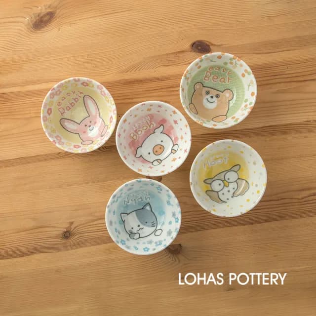 【LohasPottery 陸寶】日本製 美濃燒 動物卡通釉下彩壓紋飯碗(餐具四件組)
