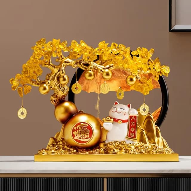 【預購】發財樹招財貓流沙畫擺件 開業禮物喬遷裝飾品(7寸黑框金禮盒裝)