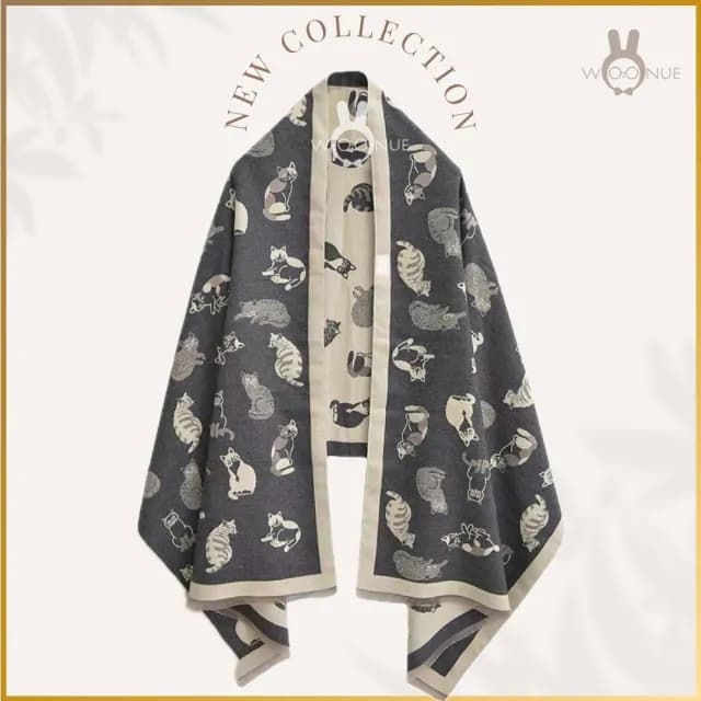 【WOONUE】超柔羊毛質感圍巾冷氣披肩空調百搭貓咪圍巾絲巾斗篷黑白(送禮生日禮物媽媽女友老婆禮物情人節)
