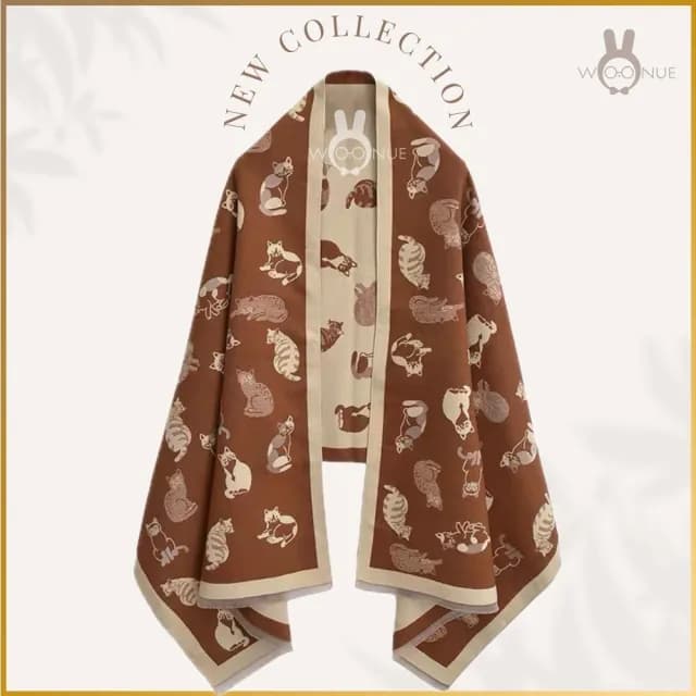 【WOONUE】超柔羊毛質感圍巾冷氣披肩空調百搭貓咪圍巾絲巾斗篷黑白(送禮生日禮物媽媽女友老婆禮物情人節)