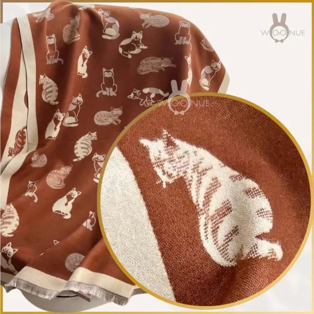 【WOONUE】超柔羊毛質感圍巾冷氣披肩空調百搭貓咪圍巾絲巾斗篷黑白(送禮生日禮物媽媽女友老婆禮物情人節)