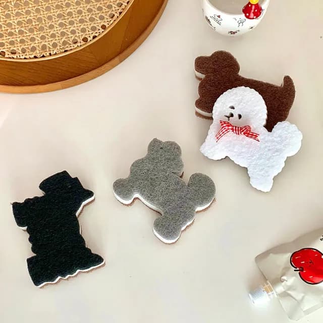 【zozo】狗狗造型菜瓜布-4入(可愛洗碗海綿/卡通廚房清潔刷/居家耐用清潔布/餐具杯子刷洗)