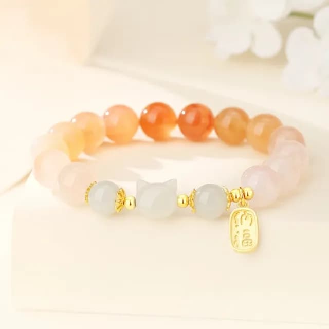 【小福貓】彩虹瑪瑙貓咪手鍊(手串 女 貓頭 七夕 禮物)