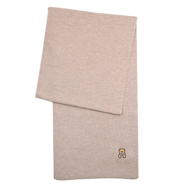 【MOSCHINO】簡約電繡小熊LOGO純羊毛保暖披肩長圍巾(淺褐)