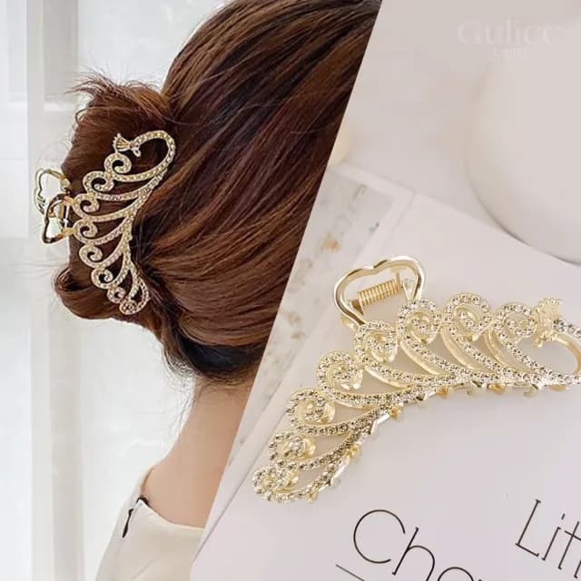 【Gulicc】金色孔雀 珍珠鑲鑽 大抓夾(雙十 萬聖節 生日 髮飾 頭飾 鯊魚夾 抓夾 禮物)