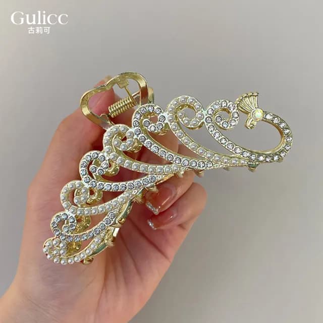 【Gulicc】金色孔雀 珍珠鑲鑽 大抓夾(雙十 萬聖節 生日 髮飾 頭飾 鯊魚夾 抓夾 禮物)