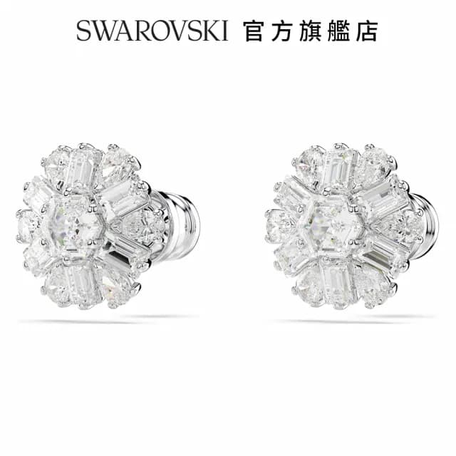 【SWAROVSKI 施華洛世奇】Idyllia 耳釘 混合式切割 雪花 白色 鍍白金色(情人節禮物)