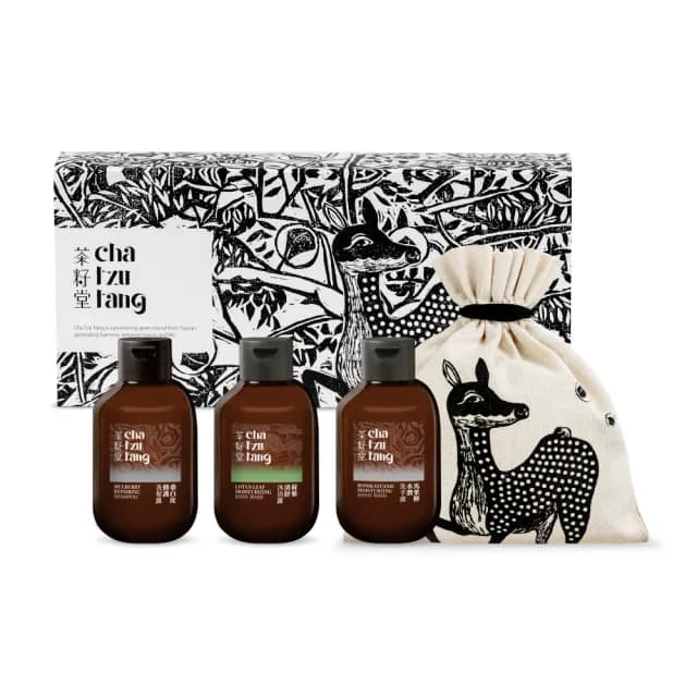 【茶籽堂】小鹿版畫洗沐旅行組｜50mLx3 附小鹿袋(洗髮露/沐浴露/洗手露/送禮推薦)