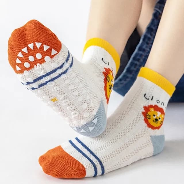 【橘魔法】（5雙一組）色彩繽紛動物防滑點膠網眼短襪(薄襪 中筒襪 襪子 中性款 男童 兒童 童襪 童裝)