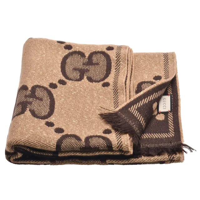 【GUCCI 古馳】經典GG LOG緹花圖騰羊毛圍巾(咖啡色598993-3GC15-9764)