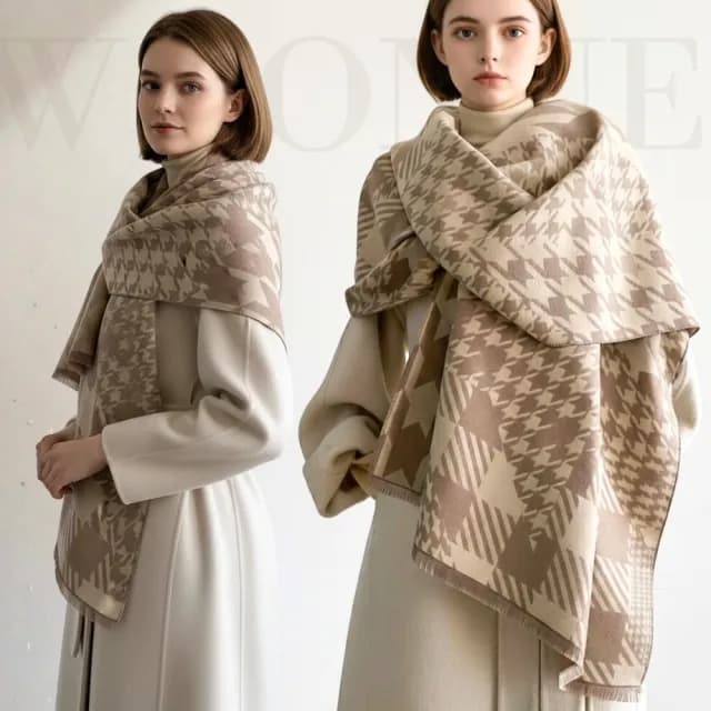 【WOONUE】30款超柔羊毛絨質感英倫千鳥格紋圍巾披肩百搭圍巾斗篷巴寶莉風格(保暖女友老婆媽媽生日聖誕禮物)