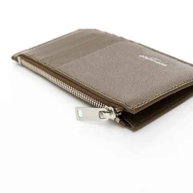 【YSL】細粒 皮革 卡夾 零錢包(銀拉鍊/暗象灰色)