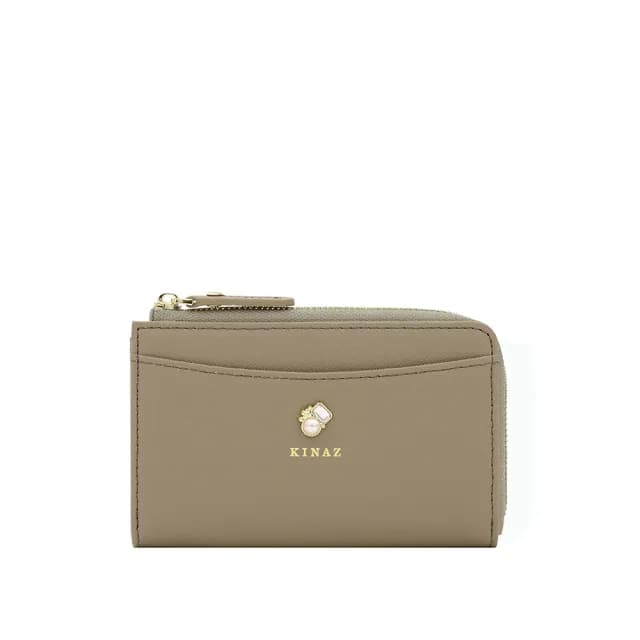 【KINAZ】牛皮奶油寶石L型拉鍊卡片零錢包-甜漬橄欖-奶油寶石系列