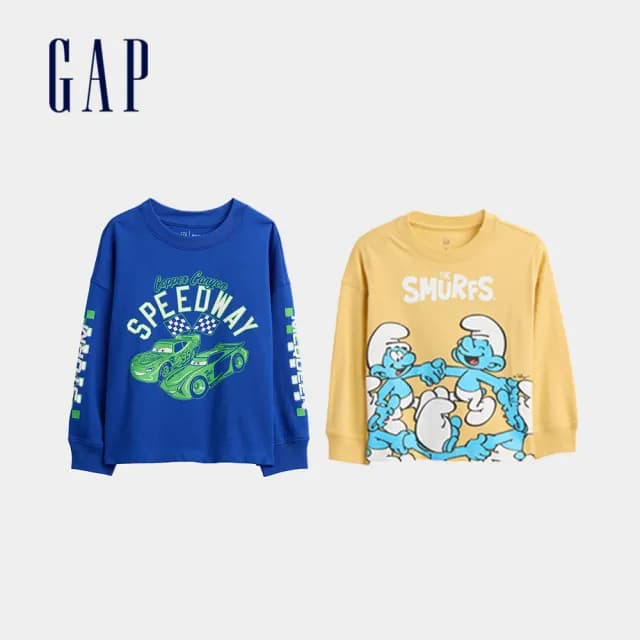 【GAP】童裝 聯名Logo純棉印花圓領長袖T恤上衣-兩件組(814494&824652&814327&791321&824718)