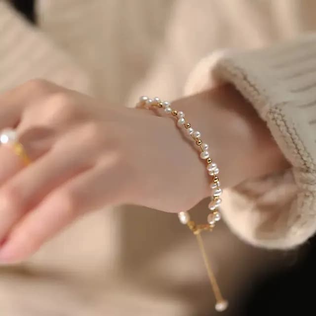 【SUMMER 一夏】雙11 法式小米珍珠手工編織金絲搭配滿天星設計輕奢精緻手鍊(法式巴洛克風)