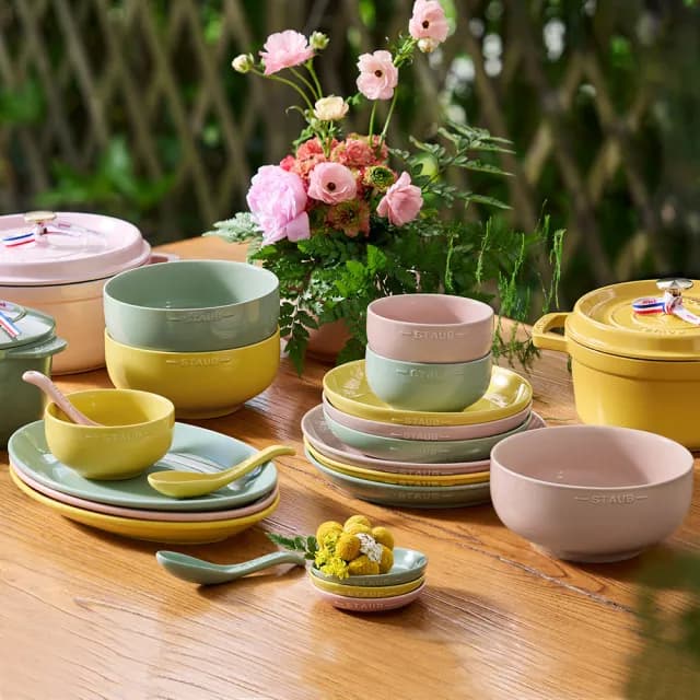 【法國Staub】自然秘境陶瓷餐碗盤餐具10件組-豆沙粉/莫蘭迪綠/檸檬黃3色任選(德國雙人牌集團官方直營)