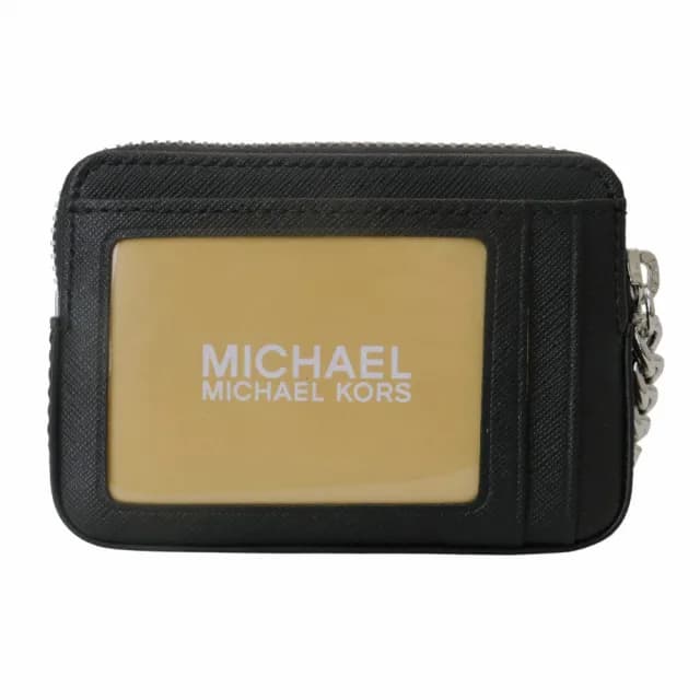 【Michael Kors】小圓MK 防刮銀鍊帶方型卡夾/零錢包(黑)