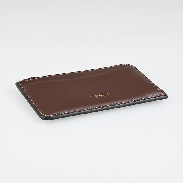 【COACH】COACH New York燙印金字LOGO小牛皮5卡拉鍊卡夾零錢包(楓木褐)