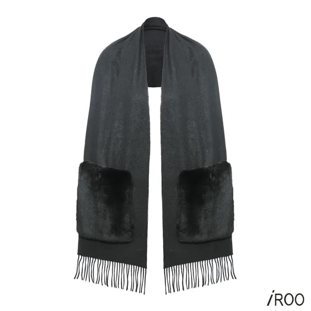 【iROO】100%羊毛拼接口袋圍巾