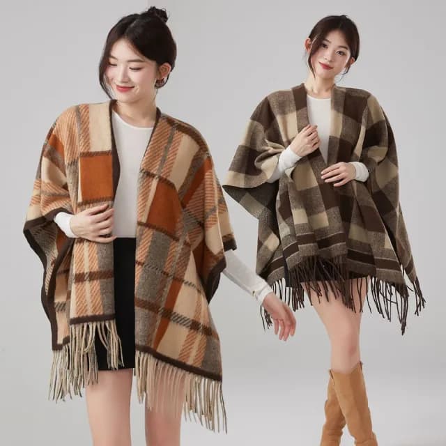 【NEW FORCE】優雅甜心毛絨格紋保暖披肩(大圍巾/保暖圍巾/秋冬圍巾/斗篷/披肩)
