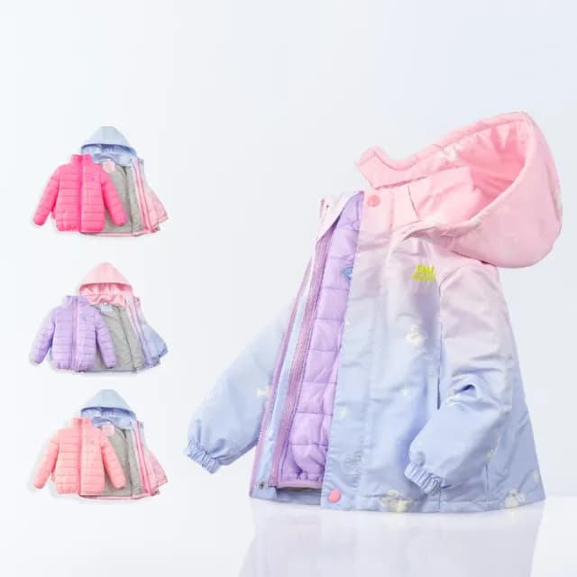 【橘魔法】大童 漸層女孩長袖風衣鋪棉外套(兩件式 可拆 三種穿法 厚 外套 衝鋒衣 連帽 女童 兒童 防風)