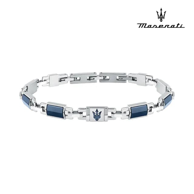 【MASERATI 瑪莎拉蒂】Ceramic 陶瓷尊雅三叉戟不鏽鋼方鋼手鍊-銀色x 經典藍 JM425ATZ70