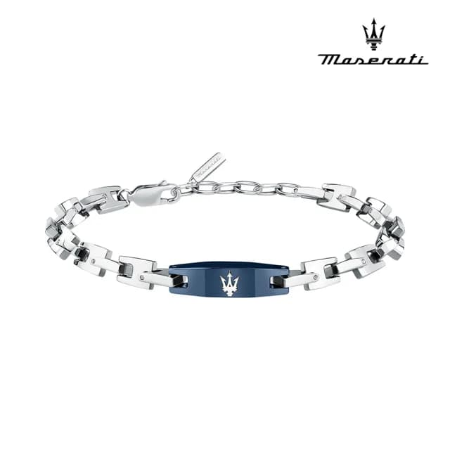 【MASERATI 瑪莎拉蒂】Iconic 經典之徽三叉戟不鏽鋼網鍊手鍊-銀色x 經典藍 JM425AVD105