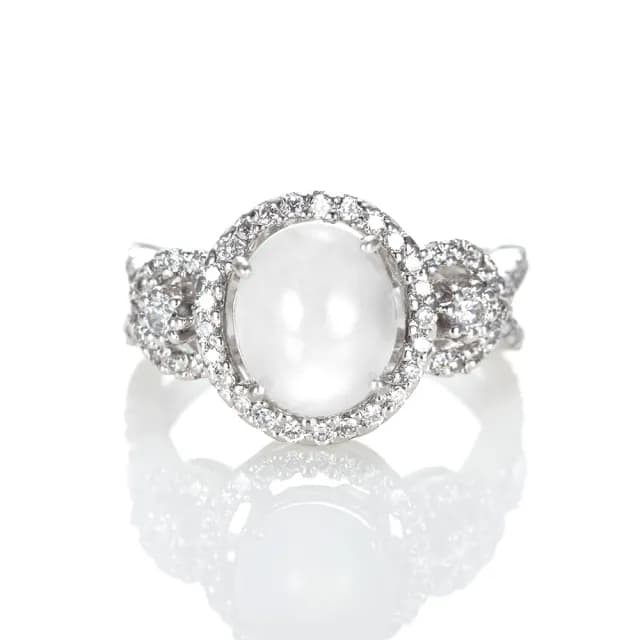 【DOLLY】18K金 緬甸冰玻種A貨白翡鑽石戒指-003(母親節 長輩送禮 交換禮物首選)