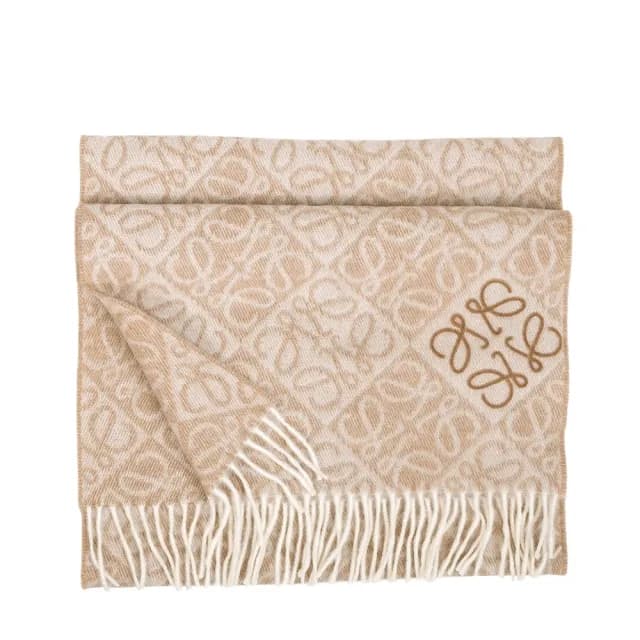 【LOEWE 羅威】Anagram羊毛喀什米爾混紡LOGO植絨圍巾(多色任選)