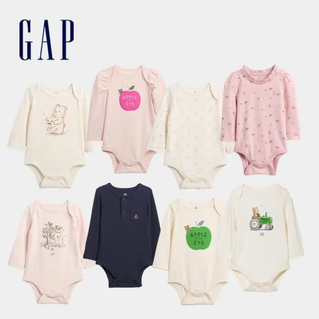 【GAP】嬰兒裝 小熊刺繡/印花圓領長袖包屁衣-多色任選(816516)