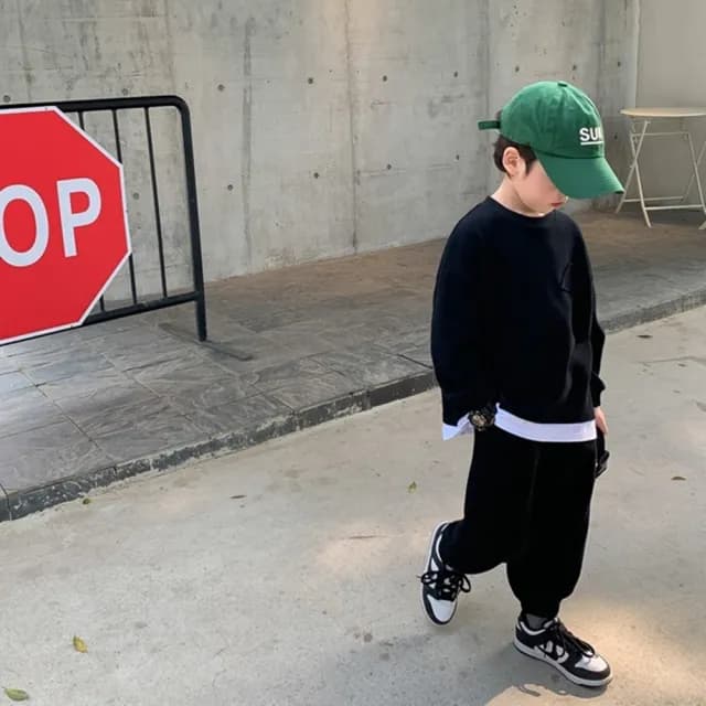 【橘魔法】假兩件細針織長袖套裝(長袖上衣 褲子 長褲 大童 男童 女童 兒童 童裝)