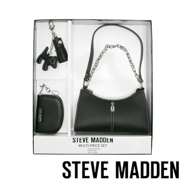 【steve madden】雙背帶腋下包/零錢包三件禮盒組(黑色)