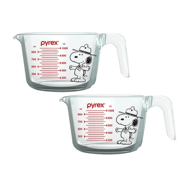 【CorelleBrands 康寧餐具】Pyrex Snoopy 耐熱玻璃 易清潔 單耳量杯1000ml(兩入組)